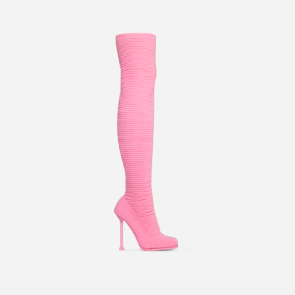 That-Girl Square Toe Stiletto Heel Over the Knee Thigh High Long Sock Boot In Pink Ribbed Knit, Pink