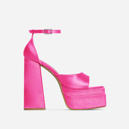 That-Extra Peep Toe Platform Block Heel In Fuchsia Pink Satin, Pink