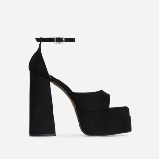 That-Extra Peep Toe Platform Block Heel In Black Faux Suede, Black