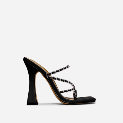 Tiara Chain Strap Square Toe Flared Block Heel Mule In Black Faux Leather, Black