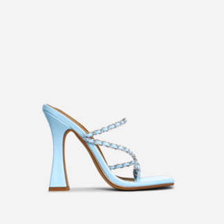 Tiara Chain Strap Square Toe Flared Block Heel Mule In Blue Faux Leather, Blue