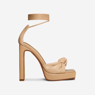 Tiffa Lace Up Knotted Detail Square Toe Patent Platform Thin Block Heel In Nude Faux Leather, Brown