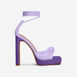 Tiffa Lace Up Knotted Detail Square Toe Patent Platform Thin Block Heel In Lilac Faux Leather, Purple