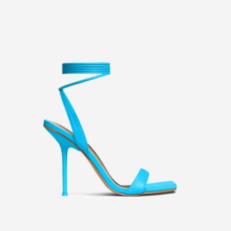 Tonka Lace Up Square Toe Thin Stiletto Heel In Blue Faux Leather, Blue