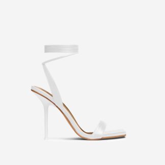 Tonka Lace Up Square Toe Thin Stiletto Heel In White Faux Leather, White