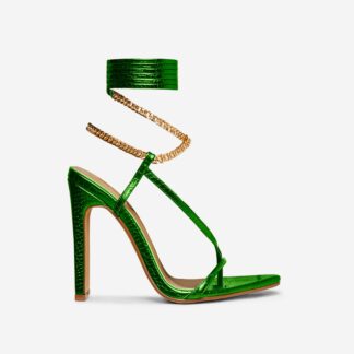 Vibez Lace Up Chain Strap Pointed Toe Stiletto Heel In Green Metallic Croc Print Faux Leather, Green