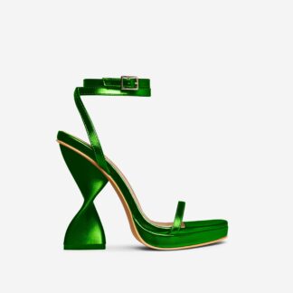 Vida-Loca Open Toe Platform Twisted Statement Heel In Green Metallic Faux Leather, Green