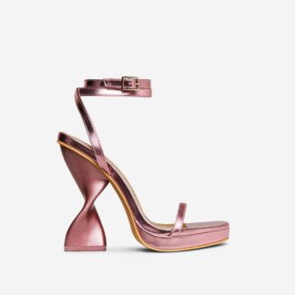 Vida-Loca Open Toe Platform Twisted Statement Heel In Pink Metallic Faux Leather, Pink