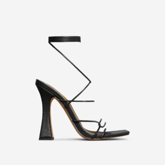 Waves Lace Up Strappy Square Toe Flared Block Heel In Black Croc Print Faux Leather, Black