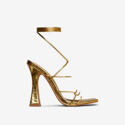 Waves Lace Up Strappy Square Toe Flared Block Heel In Gold Croc Print Faux Leather, Gold