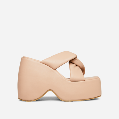 Weego Twisted Strap Extreme Wedge Open Toe Slider Sandal In Nude Faux Leather, Nude