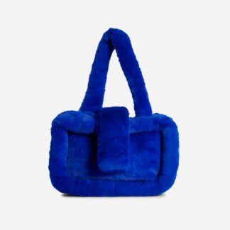 Winnie Rectangle Shaped Shoulder Bag In Blue Faux Fur,, Blue