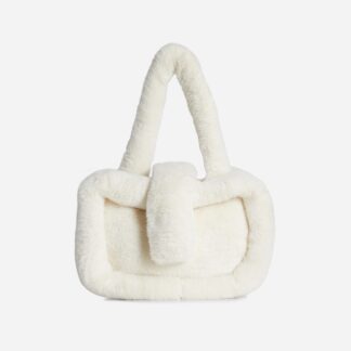 Winnie Rectangle Shaped Shoulder Bag In Cream Nude Faux Fur,, Nude