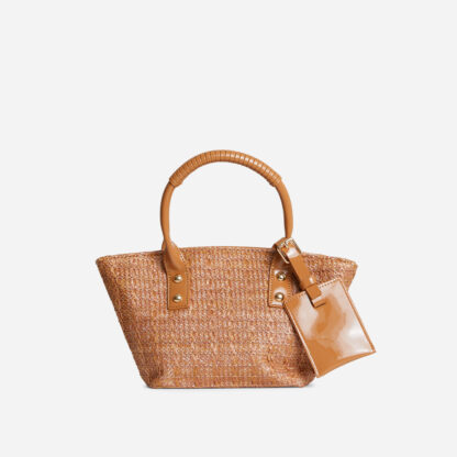 Winter Woven Top Handle Shaped Grab Bag In Tan Brown Faux Leather,, Nude