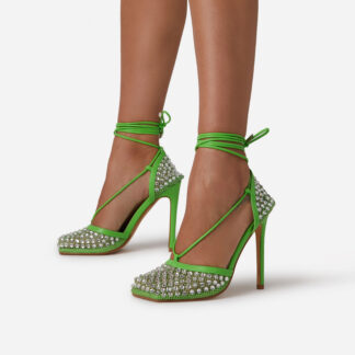 Genoa Diamante Detail Lace Up Square Toe Court Heel In Green Fishnet, Green