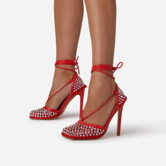 Genoa Diamante Detail Lace Up Square Toe Court Heel In Red Fishnet, Red