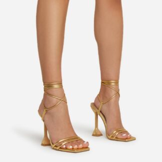 Ring-Top Strappy Lace Up Square Toe Sculptured Heel In Gold Faux Leather, Gold