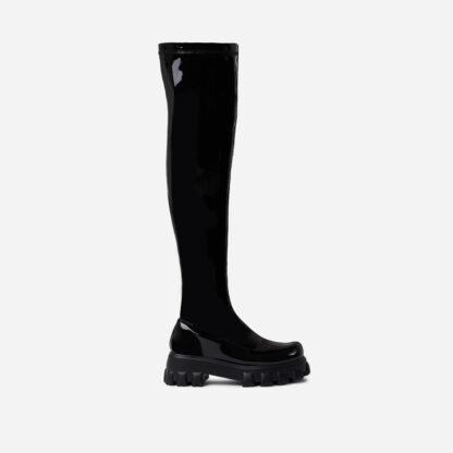 Persevere Chunky Sole Over The Knee Thigh High Long Boot In Black Patent, Black