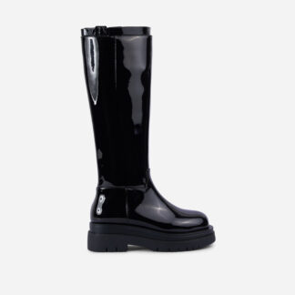 Uma Buckle Strap Chunky Sole Calf Knee High Long Biker Boot In Black Patent, Black