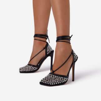 Genoa Wide Fit Diamante Detail Lace Up Square Toe Court Heel In Black Fishnet, Black