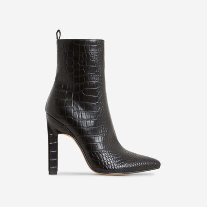 Emilia Pointed Toe Thin Block Heel Ankle Boot In Black Croc Print Faux Leather, Black