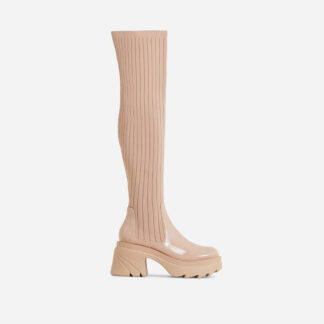 Margot Knitted Over The Knee Thigh High Block Heel Long Sock Boot In Nude Patent, Nude