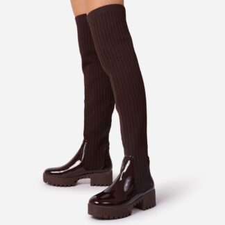 Colorado Knitted Over The Knee Thigh High Long Sock Biker Boot In Dark Brown Faux Leather, Brown