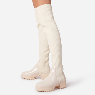 Colorado Knitted Over The Knee Thigh High Long Sock Biker Boot In Nude Faux Leather, Nude