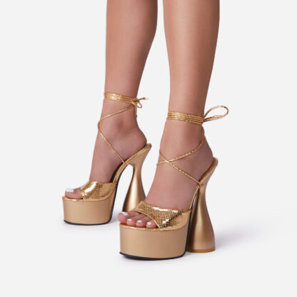 Bite-Me Wide Fit Lace Up Peep Toe Platform Statement Heel In Gold Snake Print Faux Leather, Gold