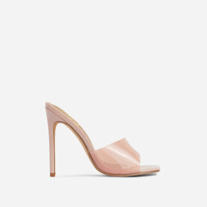 Cyan Square Peep Toe Perspex Heel Mule In Cloudy Nude Patent, Nude