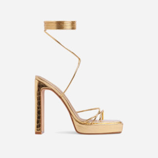 Gemini Strappy Lace Up Square Toe Platform Thin Block Heel In Gold Croc Print Faux Leather, Gold