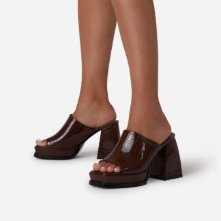 Keyla Square Peep Toe Chunky Track Sole Platform Block Heel Mule In Dark Brown Patent, Brown