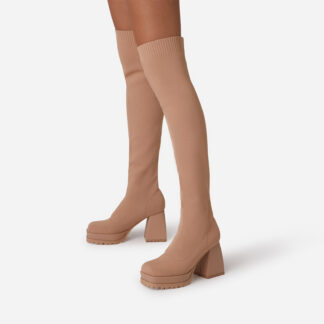 Zora Chunky Platform Sole Block Heel Over The Knee Thigh High Long Sock Boot In Nude Knit, Nude