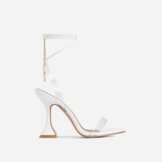 Dani Chain Detail Lace Up Clear Perspex Square Toe Low Sculptured Heel In White Faux Leather, White