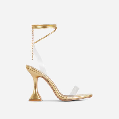 Dani Chain Detail Lace Up Clear Perspex Square Toe Low Sculptured Heel In Gold Faux Leather, Gold