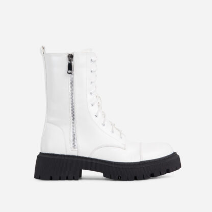 Nyomi Chunky Sole Lace Up Ankle Biker Boot In White Faux Leather, White