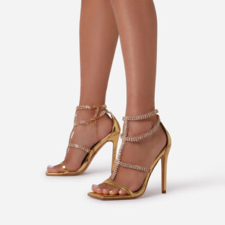 Sky Diamante Caged Detail Square Toe Stiletto Heel In Gold Patent, Gold