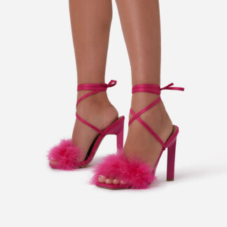 Aubrie Fluffy Faux Feather Lace Up Square Toe Sculptured Heel In Pink Faux Suede, Pink