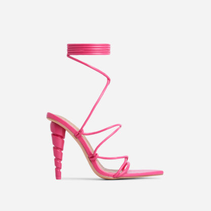 Reeza Strappy Lace Up Pointed Toe Twisted Heel In Pink Faux Leather, Pink