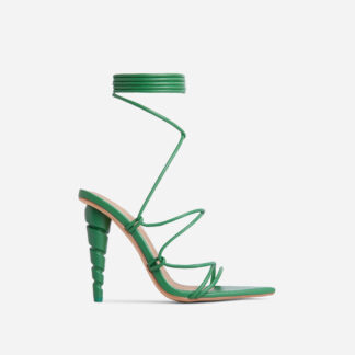 Reeza Strappy Lace Up Pointed Toe Twisted Heel In Green Faux Leather, Green