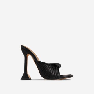 Rivka Twisted Detail Square Peep Toe Statement Heel Mule In Black Faux Leather, Black