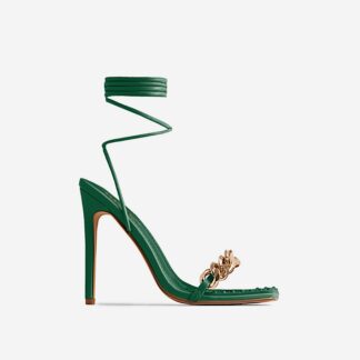 Tinley Lace Up Studded Chain Detail Square Toe Stiletto Heel In Green Faux Leather, Green