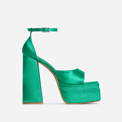 That-Extra Peep Toe Platform Block Heel In Green Satin, Green