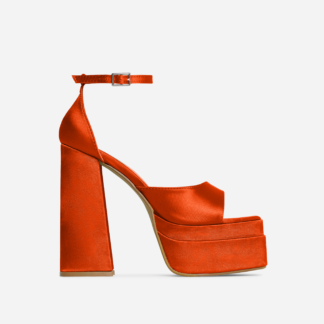 That-Extra Peep Toe Platform Block Heel In Orange Satin, Orange