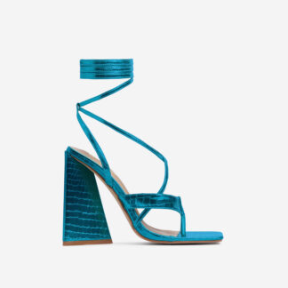 Salma Strappy Lace Up Square Toe Sculptured Flared Block Heel In Metallic Blue Croc Print Faux Leather, Blue