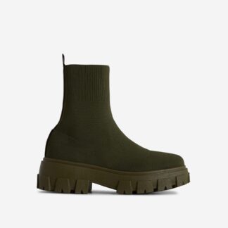 Don't-Trust Chunky Sole Ankle Chelsea Sock Biker Boot In Green Knit, Green