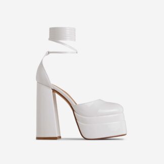 Nola Lace Up Square Closed Toe Statement Platform Block Heel In White Patent, White