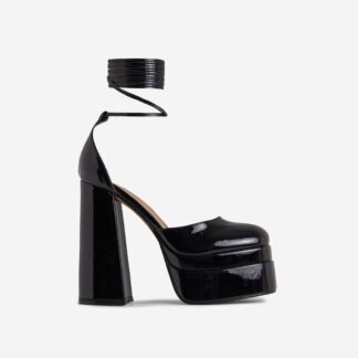 Nola Lace Up Square Closed Toe Statement Platform Block Heel In Black Patent, Black