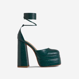 Nola Lace Up Square Closed Toe Statement Platform Block Heel In Dark Green Croc Print Patent, Green