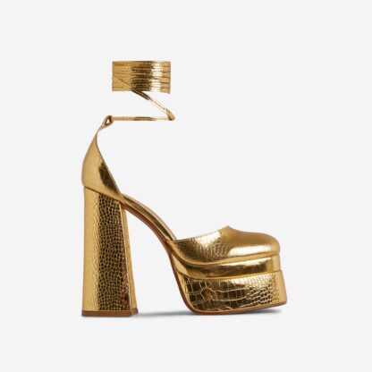 Nola Lace Up Square Closed Toe Statement Platform Block Heel In Gold Croc Print Patent, Gold